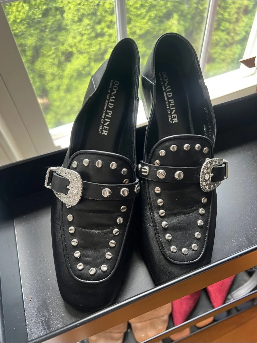 Donald J. Pliner Black Leather Studded Loafers with Decorative Buckle